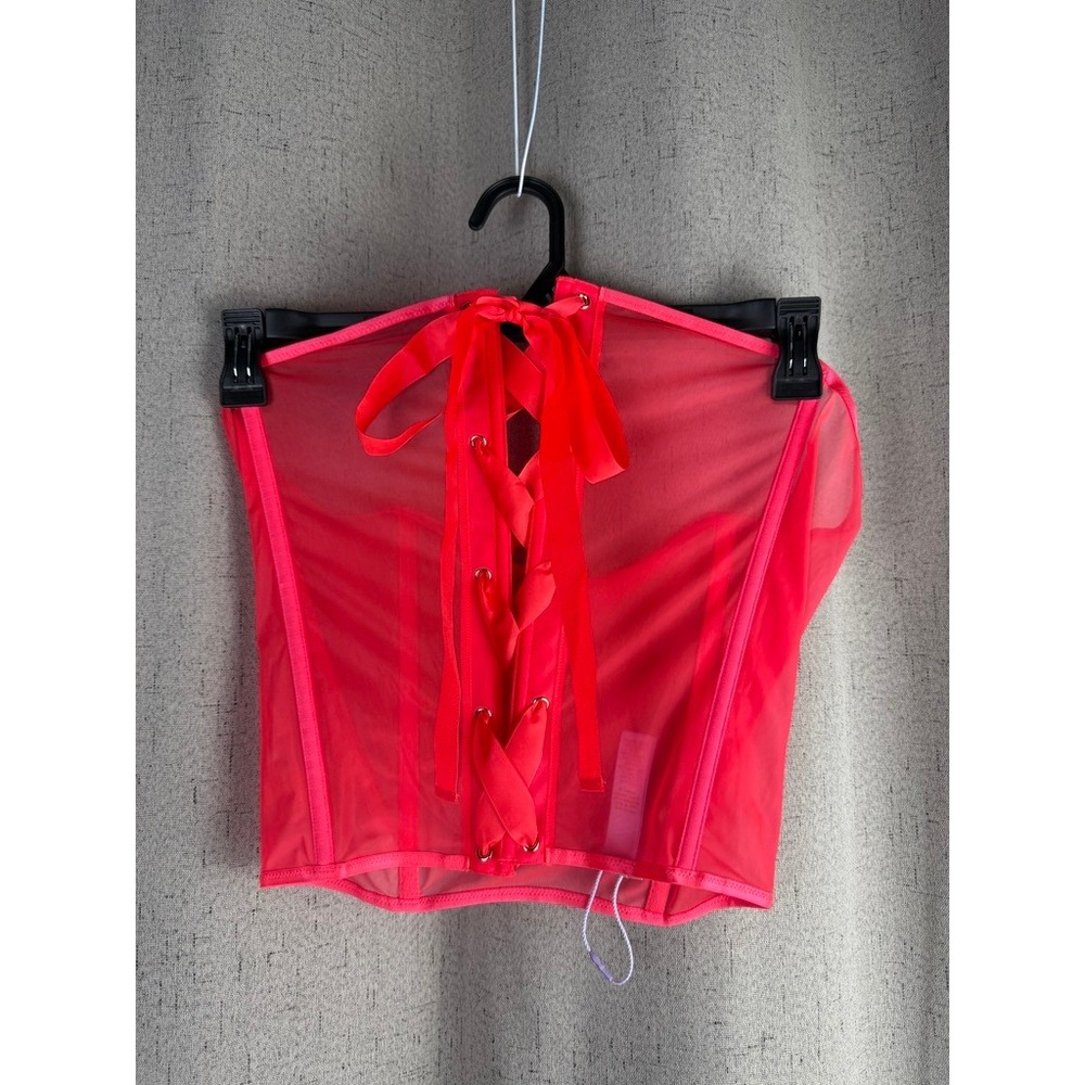 Savage X Fenty Mesh Corset Top Womens Large Pink Excellent Lace Up Sheer Ribbons